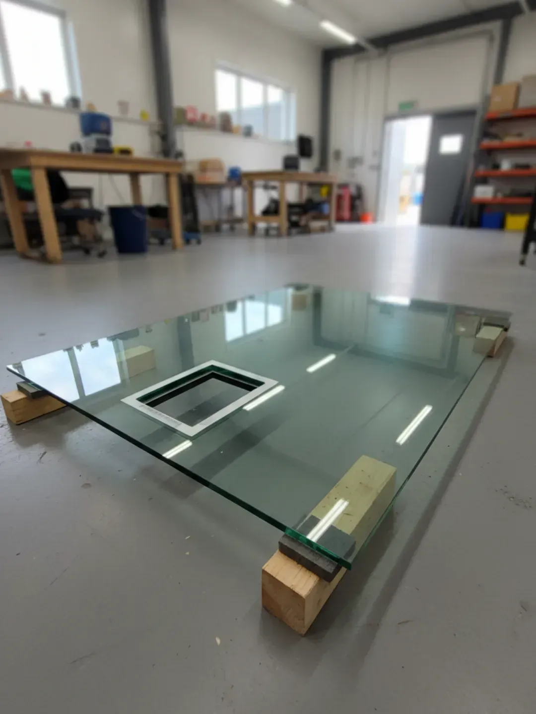 Toughened safety glass panel with precision cut-out prepared for pet door installation-out for pet door installation